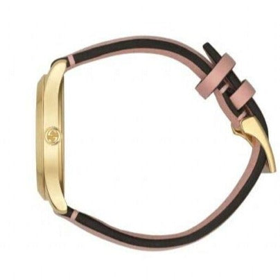 Side profile view of Gucci G-Timeless watch showing gold-tone case, crown, and pink leather strap
