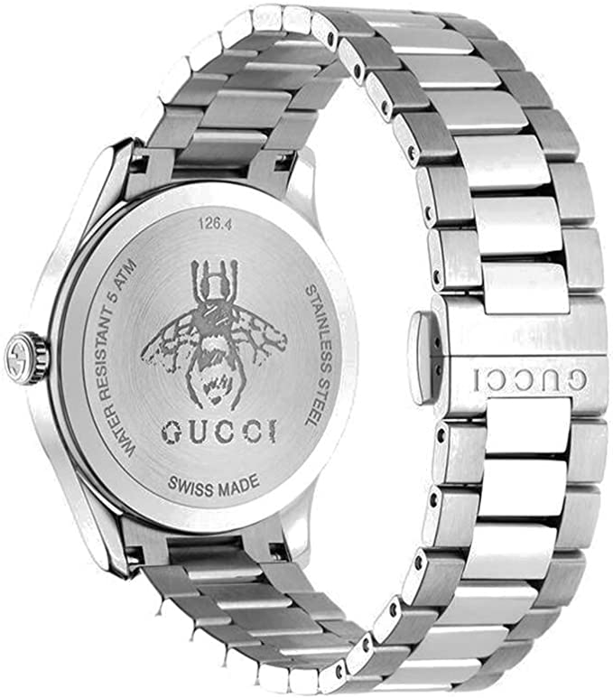 Gucci G-Timeless watch caseback showing engraved bee logo and Swiss Made marking