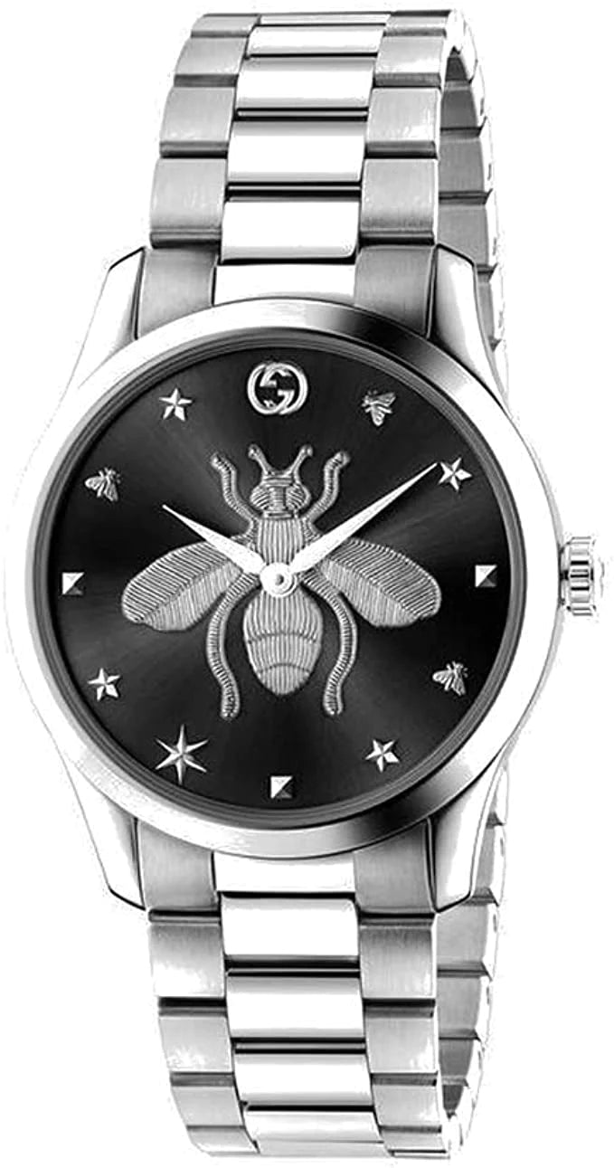 Gucci G-Timeless women's watch with black dial, bee motif, silver steel bracelet