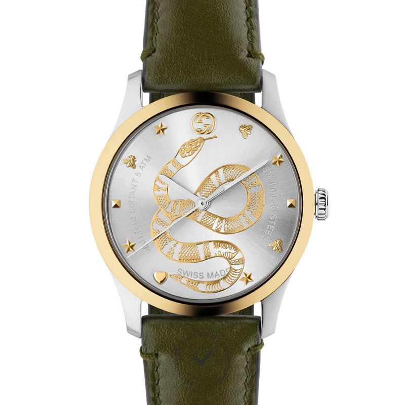 Gucci G-Timeless YA1264139 watch with two-tone stainless steel case, silver dial with gold snake motif, and olive leather strap
