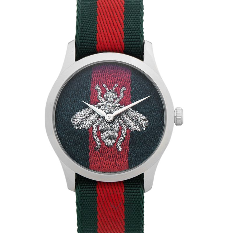 Gucci G-Timeless YA1264148 watch with bee embroidered dial and green-red fabric strap