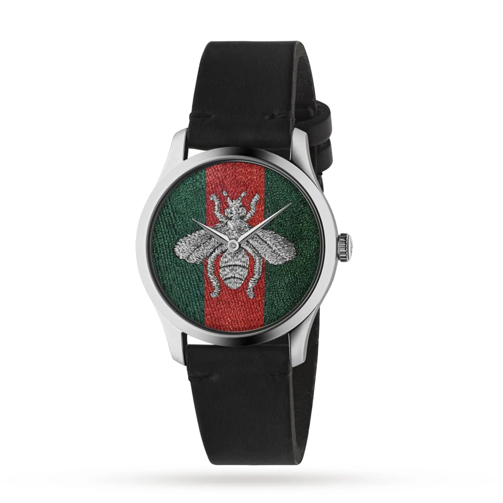 Gucci G-Timeless watch with green and red dial, silver bee emblem, and black leather strap