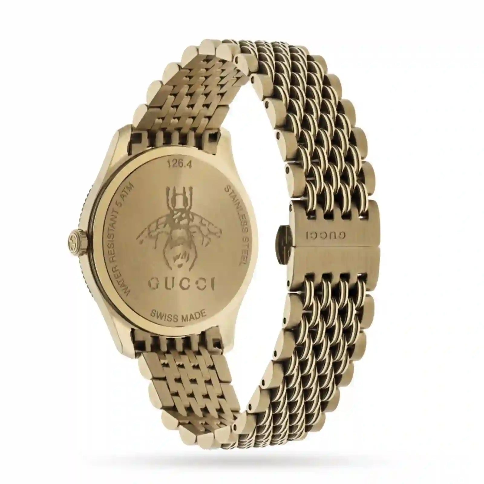 Gold-tone caseback of Gucci G-Timeless watch with engraved bee and text detail