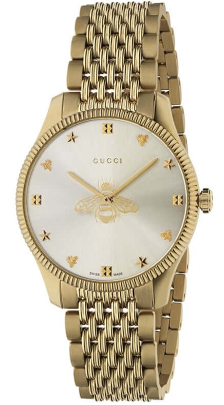 Gucci G-Timeless gold-tone watch with silver dial and bee emblem, gold mesh bracelet