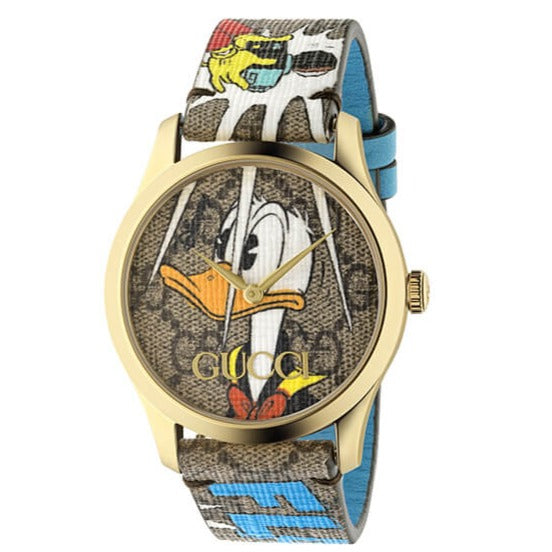 Gucci G Timeless YA1264167 women's watch with Donald Duck character illustration and printed strap