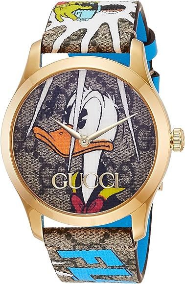 Gucci G Timeless YA1264167 gold-tone watch with Donald Duck dial and brown leather Disney strap