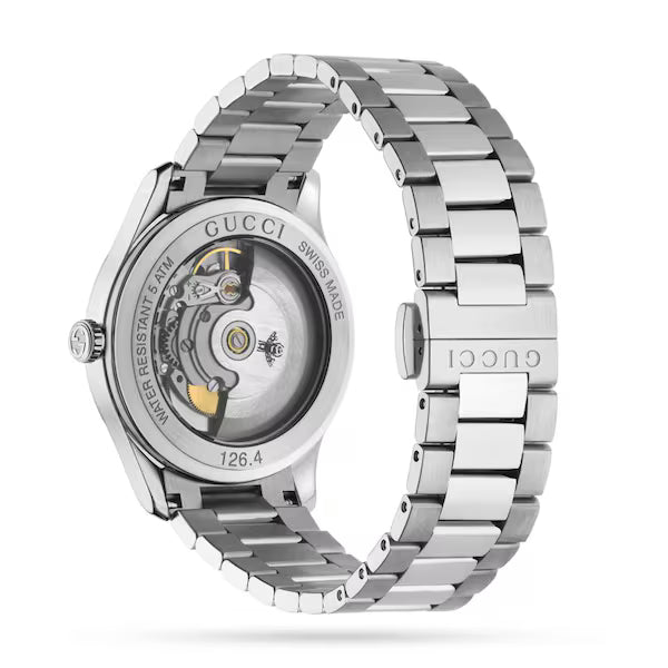 GUCCI G-Timeless 38MM stainless steel watch with brown dial and bee motif, automatic movement visible through caseback