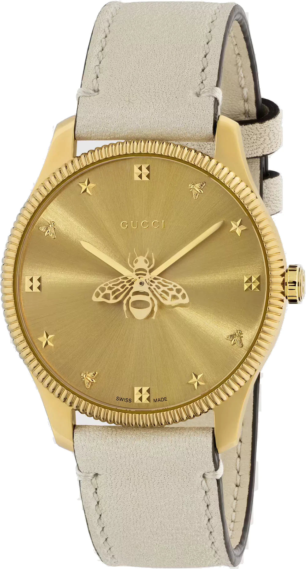 Gucci G-Timeless gold dial women's watch with cream leather strap and bee motif