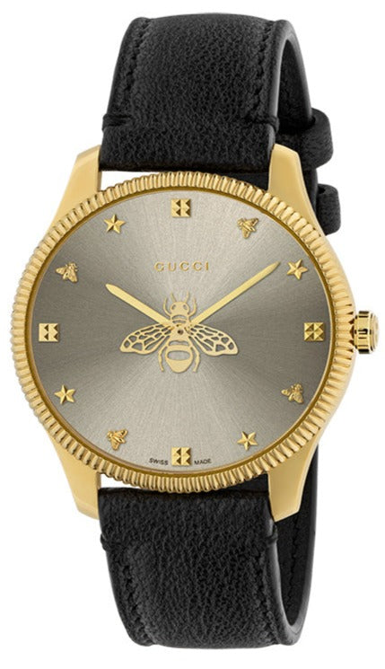 Gucci G-Timeless yellow gold PVD watch with silver dial, bee motif, and black leather strap