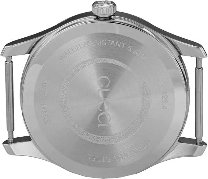 Caseback of Gucci G-Timeless watch showing stainless steel with water resistance marking