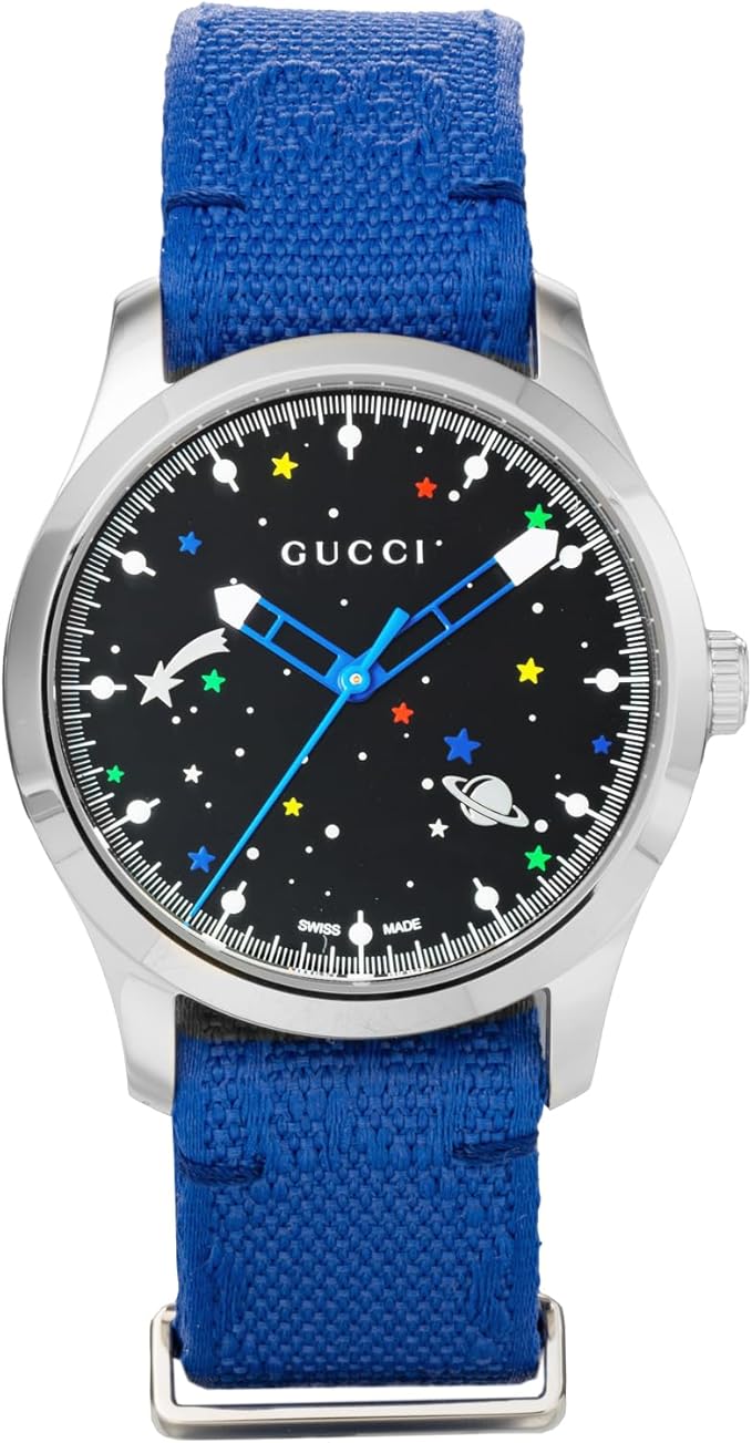 Gucci G-Timeless black dial women's watch with blue nylon strap and colorful space design