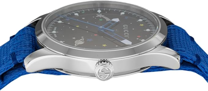 Side view of Gucci G-Timeless watch with blue nylon strap and stainless steel case