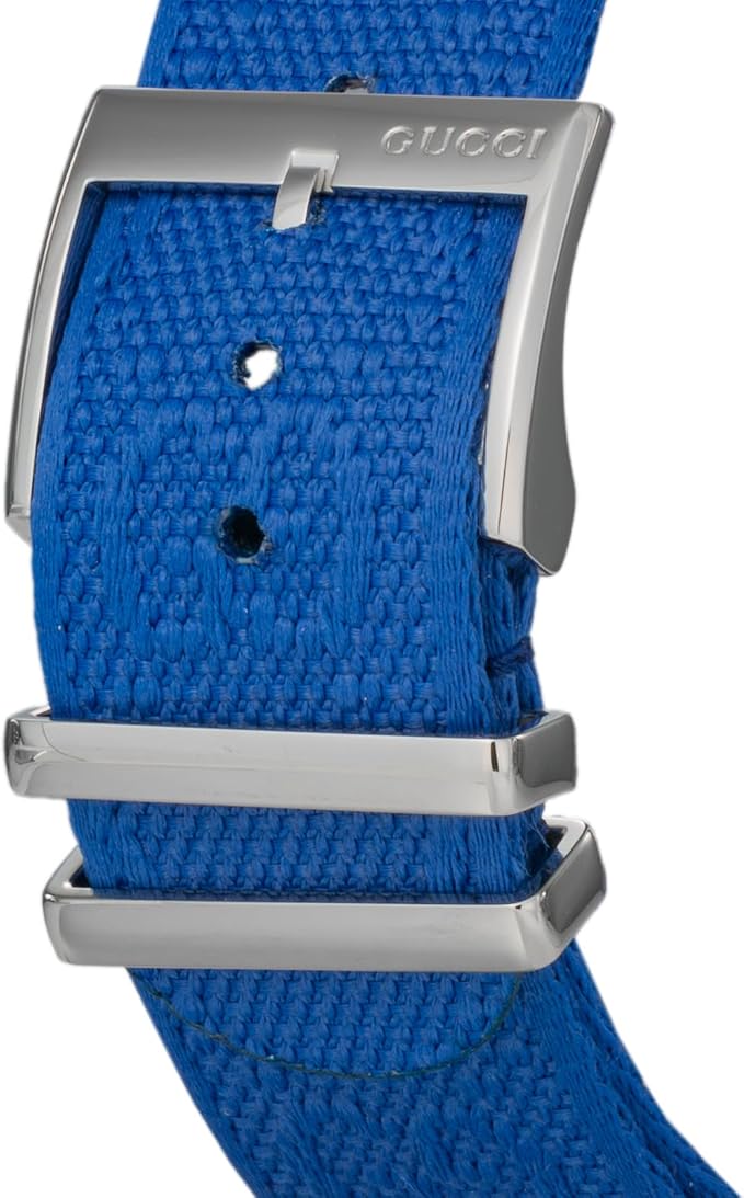 Gucci G-Timeless blue nylon strap detail with stainless steel hardware