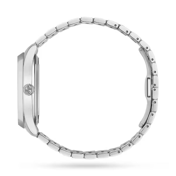 Gucci G-Timeless automatic watch side profile with stainless steel link bracelet and round case