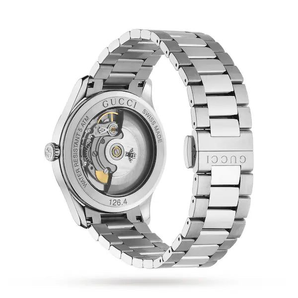 Gucci G-Timeless caseback revealing automatic movement and sapphire crystal