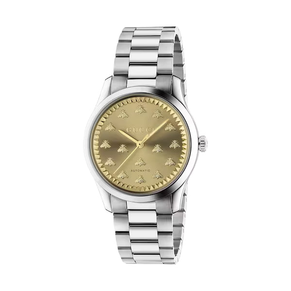 Gucci G-Timeless automatic watch with champagne dial and stainless steel bracelet