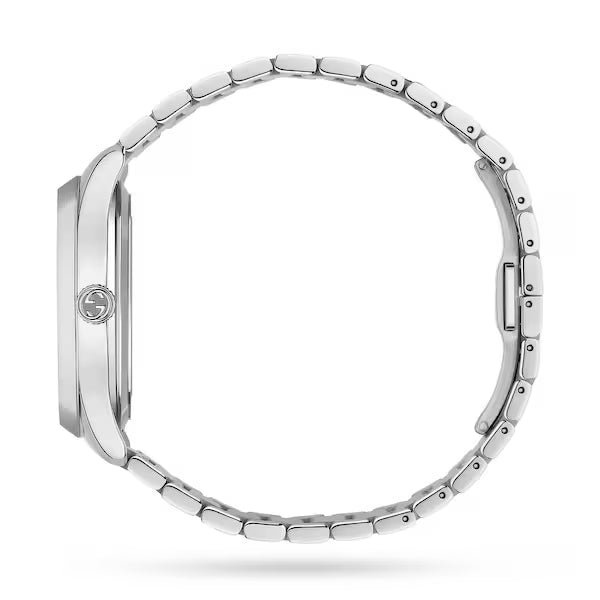 Gucci G-Timeless watch side profile showing stainless steel bracelet