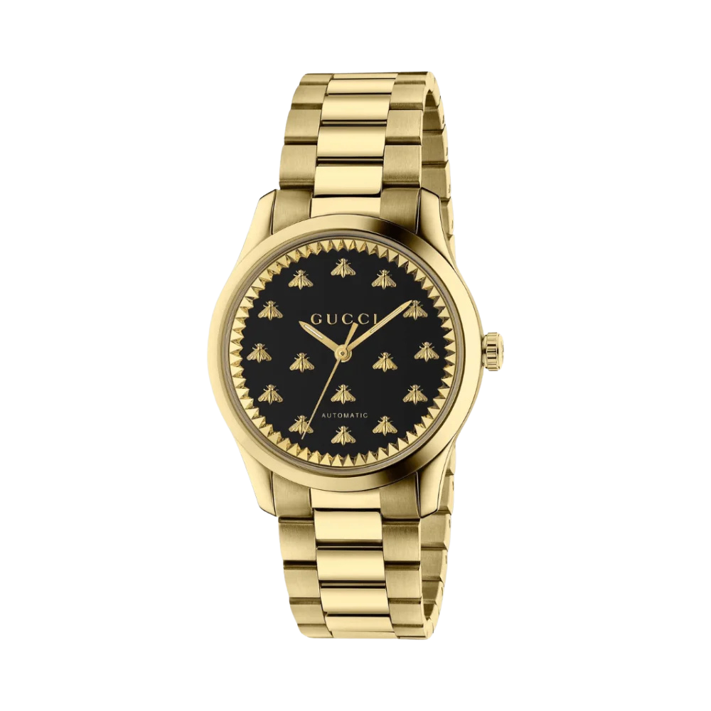 Gucci G-Timeless gold automatic watch with black dial and bee pattern