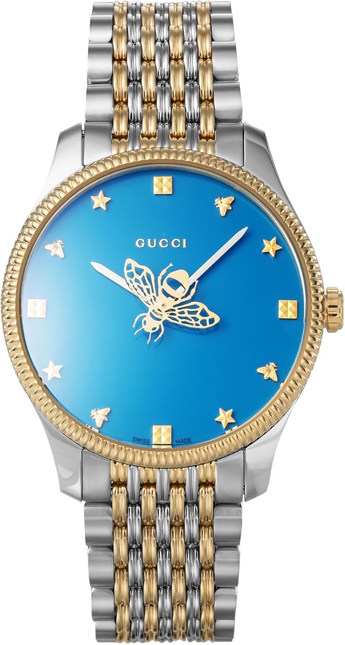 Gucci G-Timeless 36mm two-tone watch with blue dial, bee motif, and diamond-set bezel