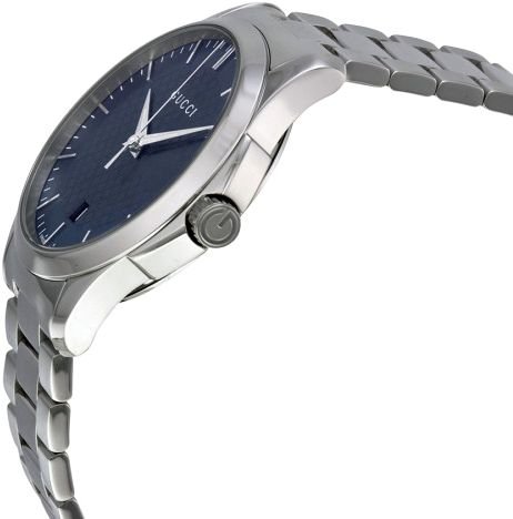 Side angle view of Gucci G-Timeless with blue sunburst dial and steel bracelet