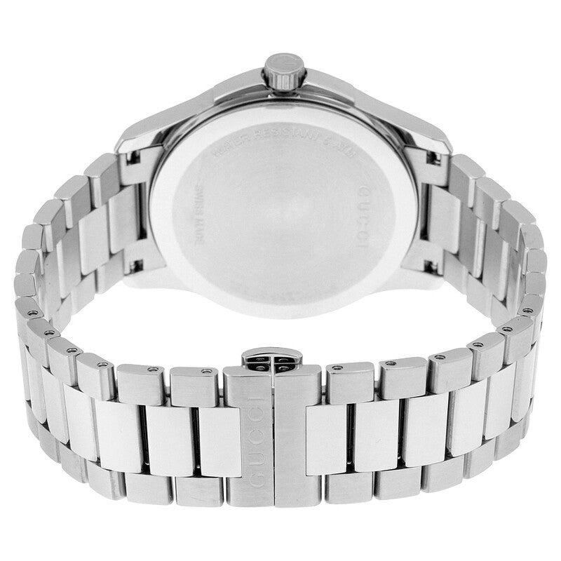 Back of Gucci G-Timeless watch showing stainless steel caseback and bracelet