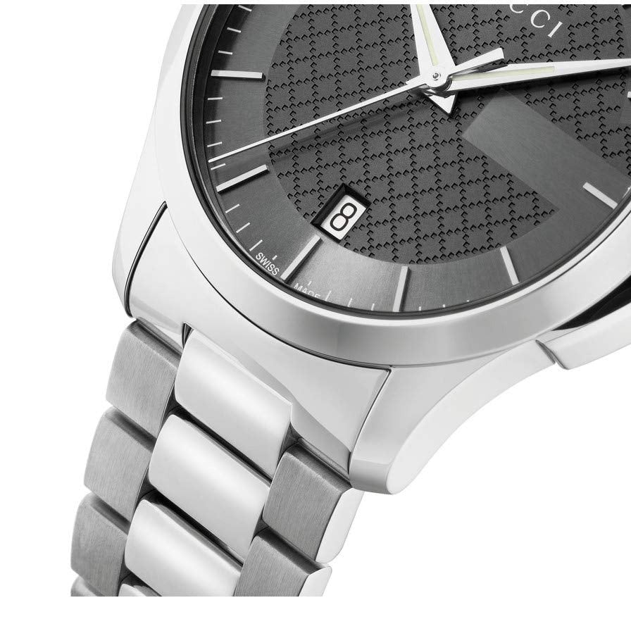 Gucci G-Timeless watch at angle showing grey dial and link bracelet detail