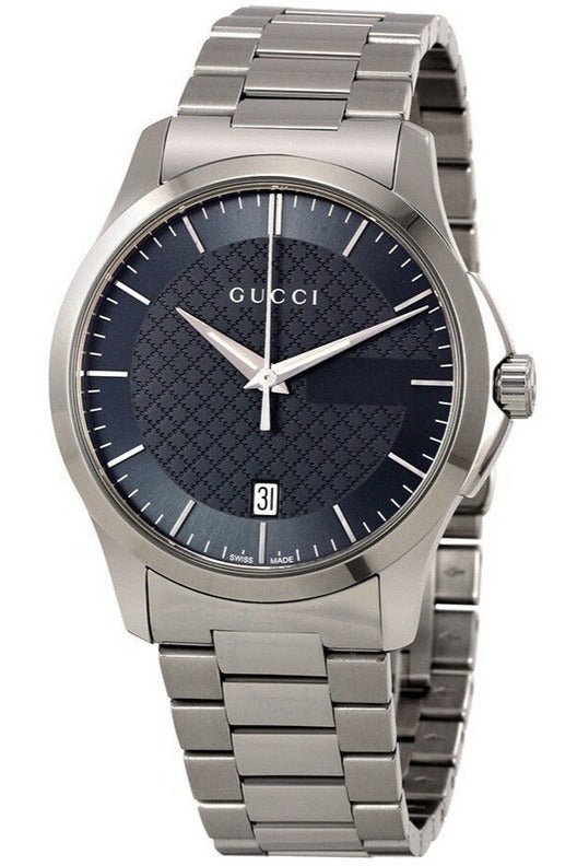 Gucci G-Timeless 38mm stainless steel watch with grey dial at angle
