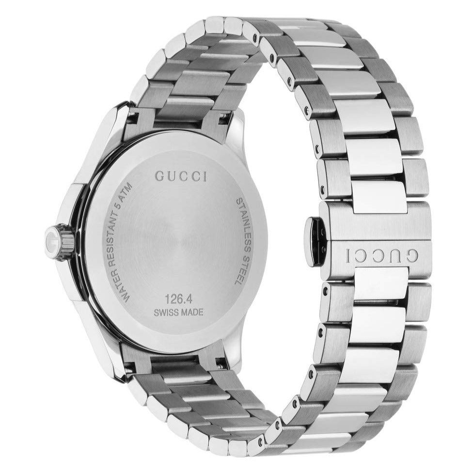Gucci G-Timeless caseback showing 'Swiss Made' marking and model reference