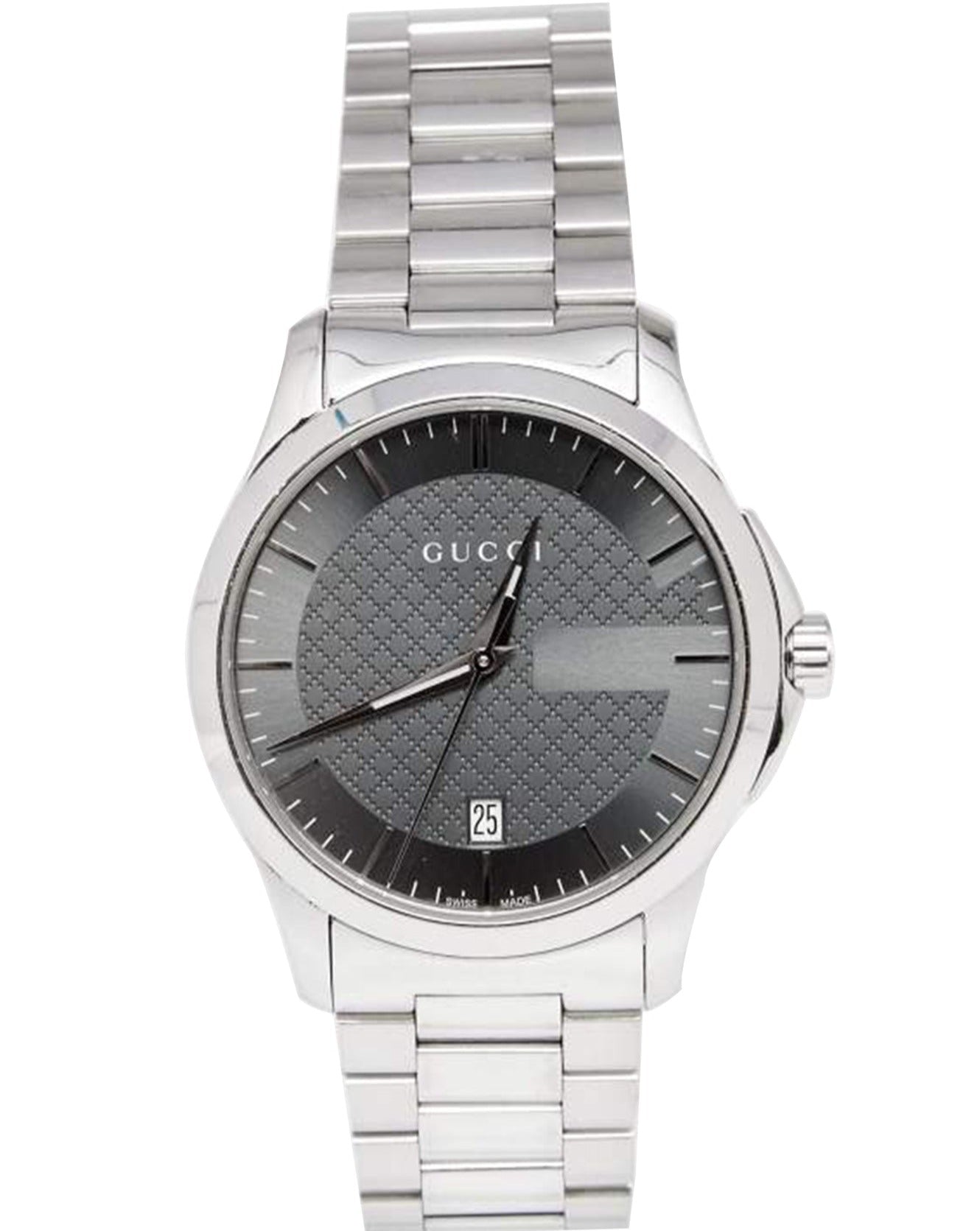 Gucci G-Timeless watch front view with grey textured dial and stainless steel band