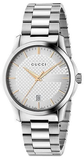 Gucci G-Timeless stainless steel watch with silver dial and date window