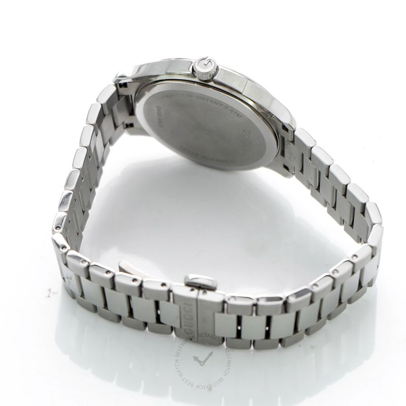 Caseback view of Gucci G-Timeless watch showing stainless steel bracelet and back of stainless steel case
