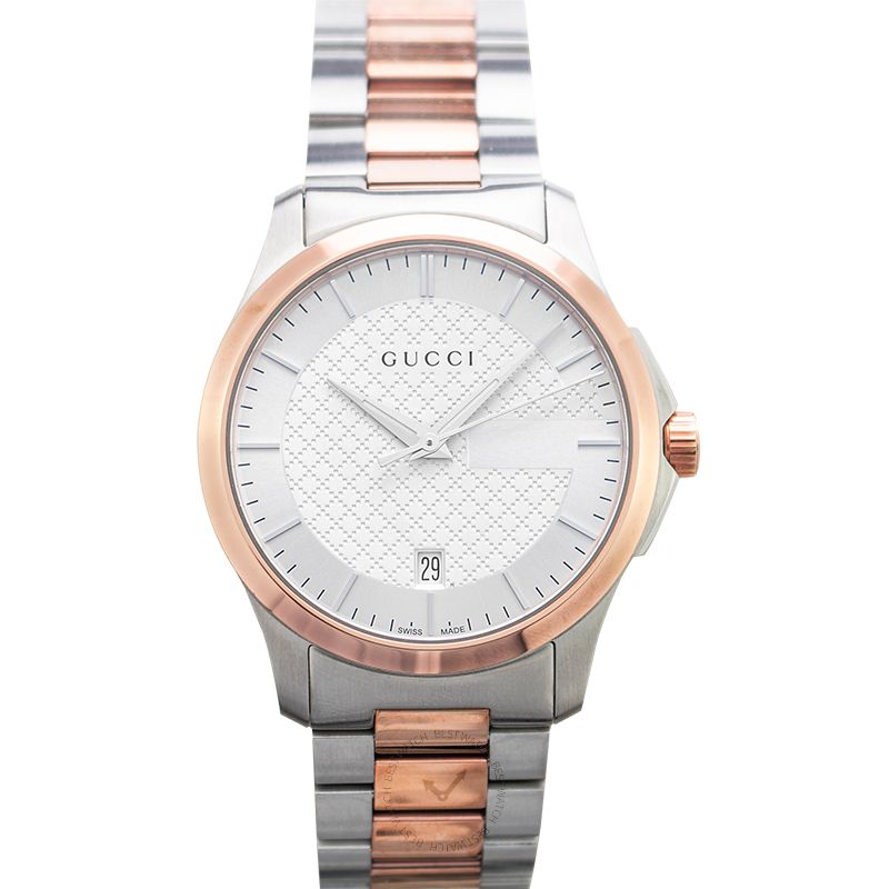 Gucci G-Timeless YA126447 silver dial watch with two-tone stainless steel and rose gold bracelet