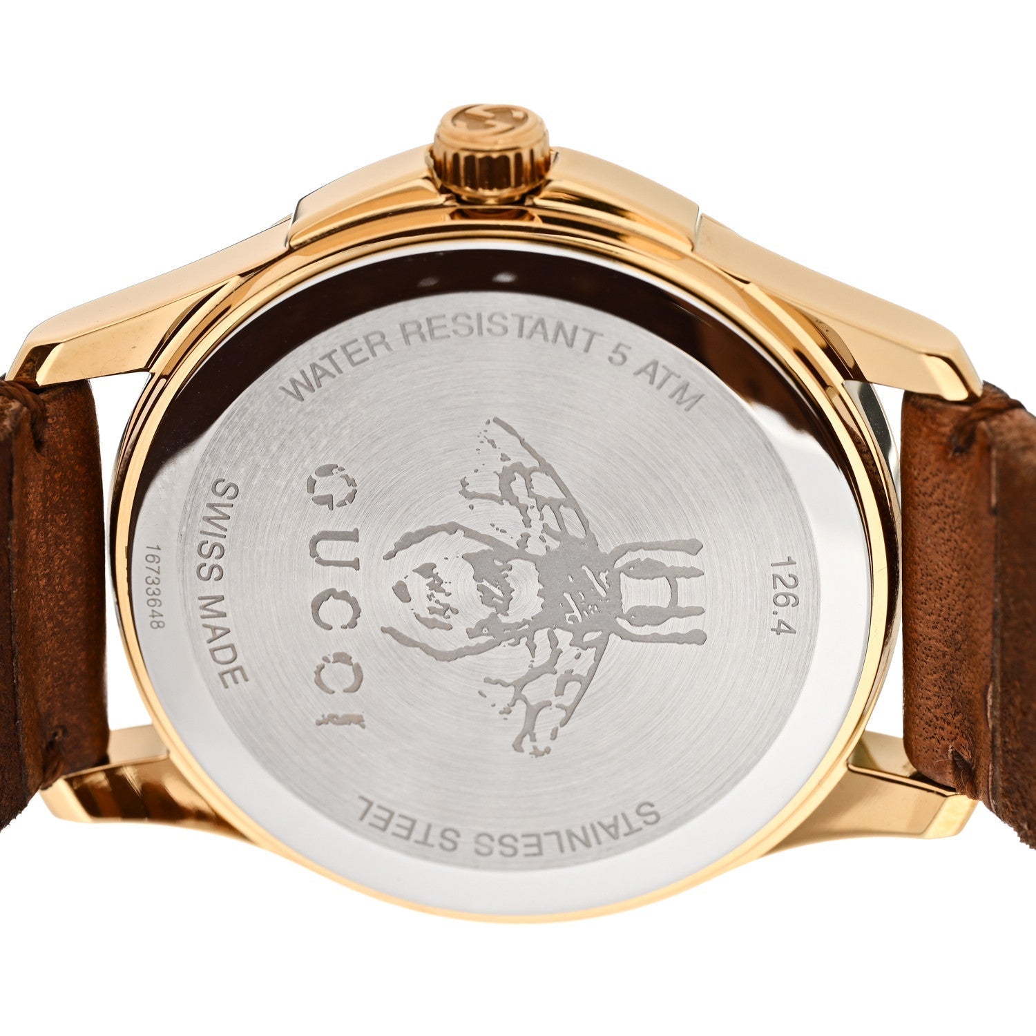Gucci G Timeless caseback showing water resistant engraving and bee emblem