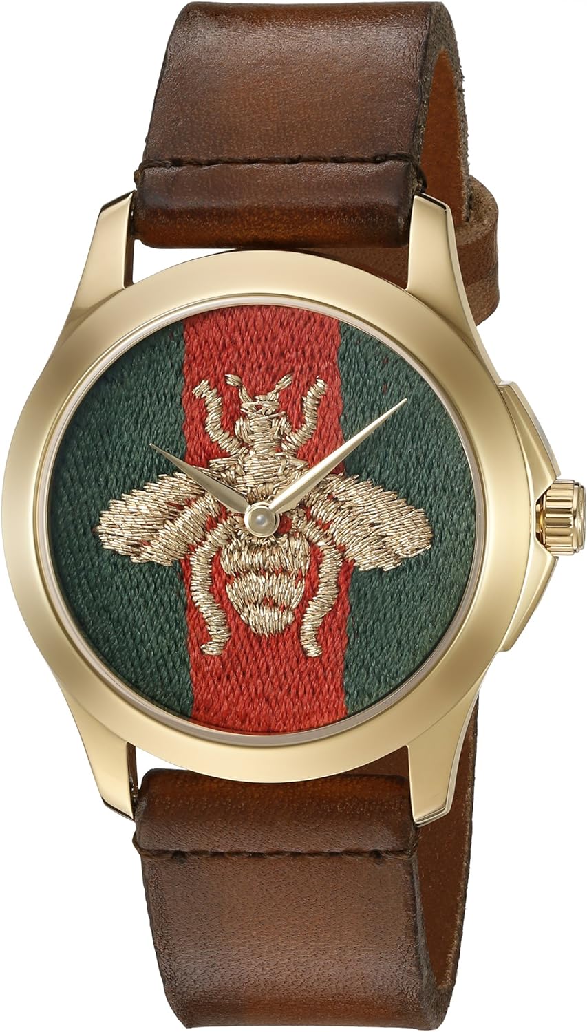 Gucci G Timeless quartz watch with embroidered bee on green and red dial, gold case, brown leather strap