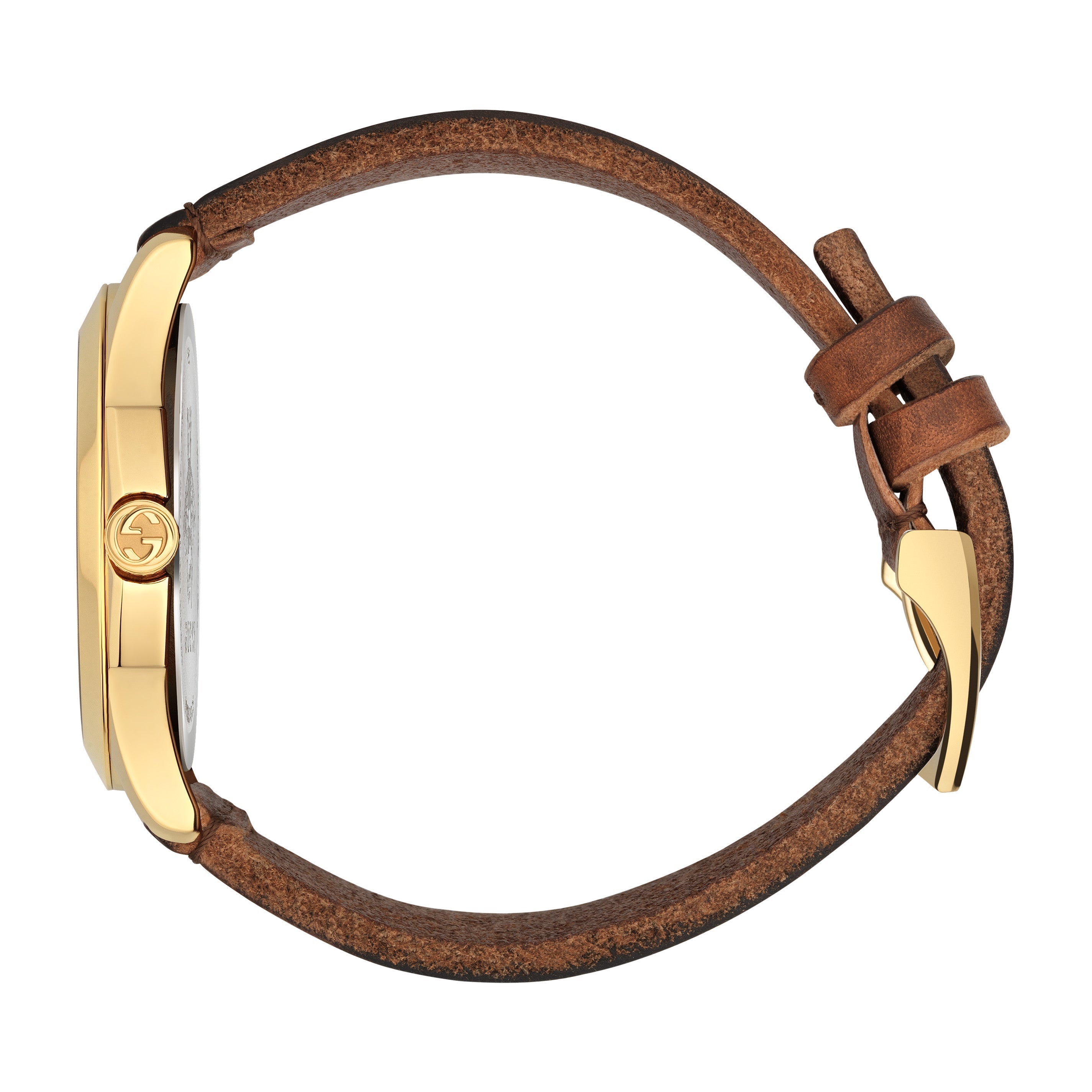 Gucci G Timeless watch strap view showing brown leather band and gold lugs