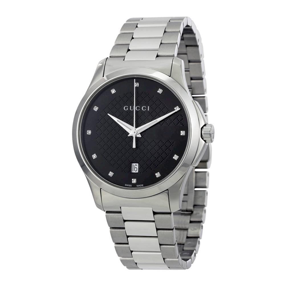Three-quarter view of Gucci G-Timeless watch with diamond hour markers