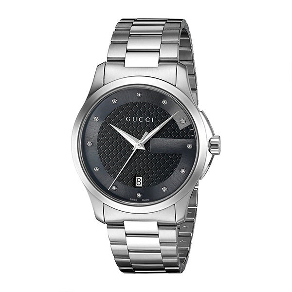 Gucci G-Timeless stainless steel watch with black dial and diamond accents