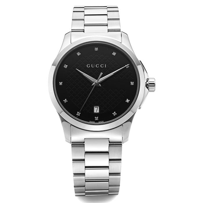 Gucci G-Timeless unisex watch with black textured dial and diamond markers