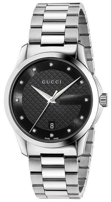 Gucci G-Timeless 38mm stainless steel watch with black diamond-accented dial