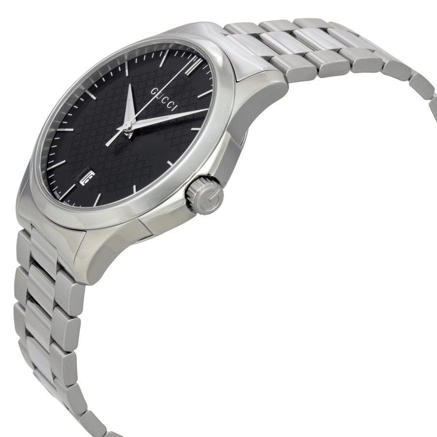 Gucci G-Timeless watch angle view showing black dial and steel bracelet