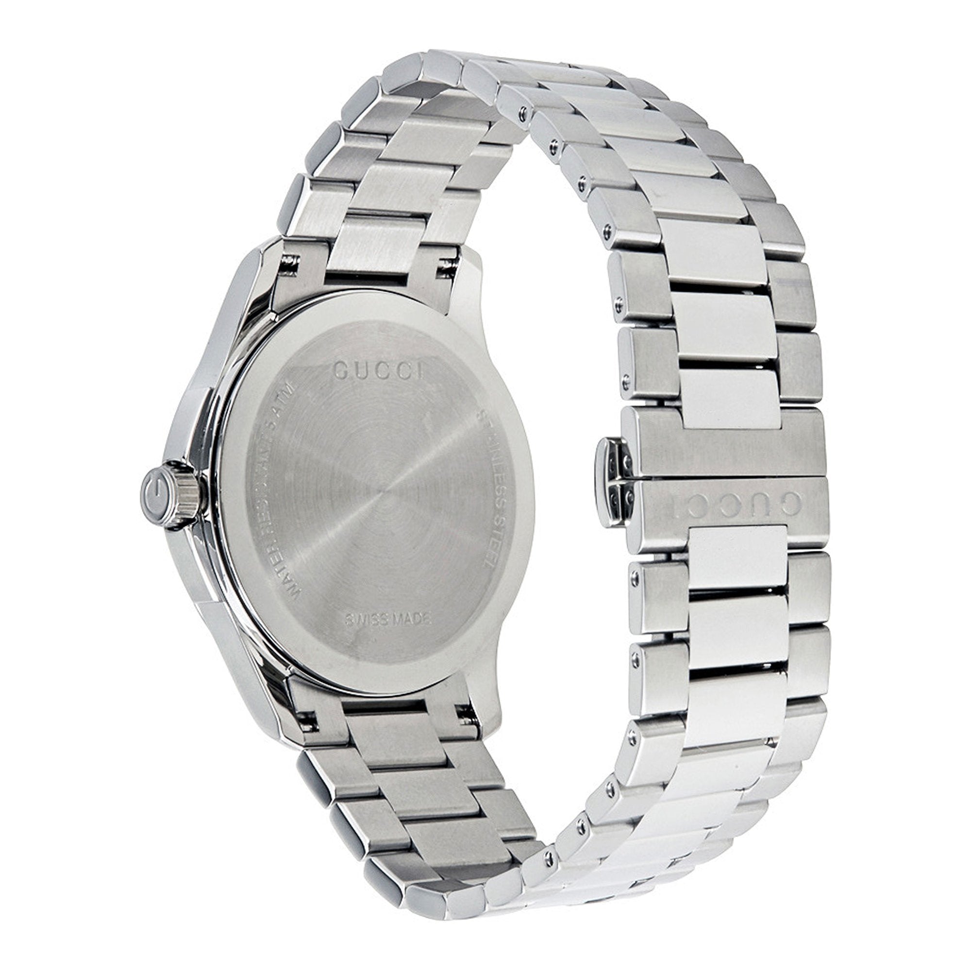 Caseback view of Gucci G-Timeless watch showing stainless steel