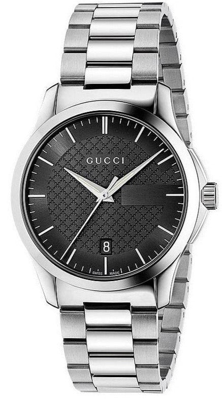 Gucci G-Timeless watch with black dial and stainless steel bracelet