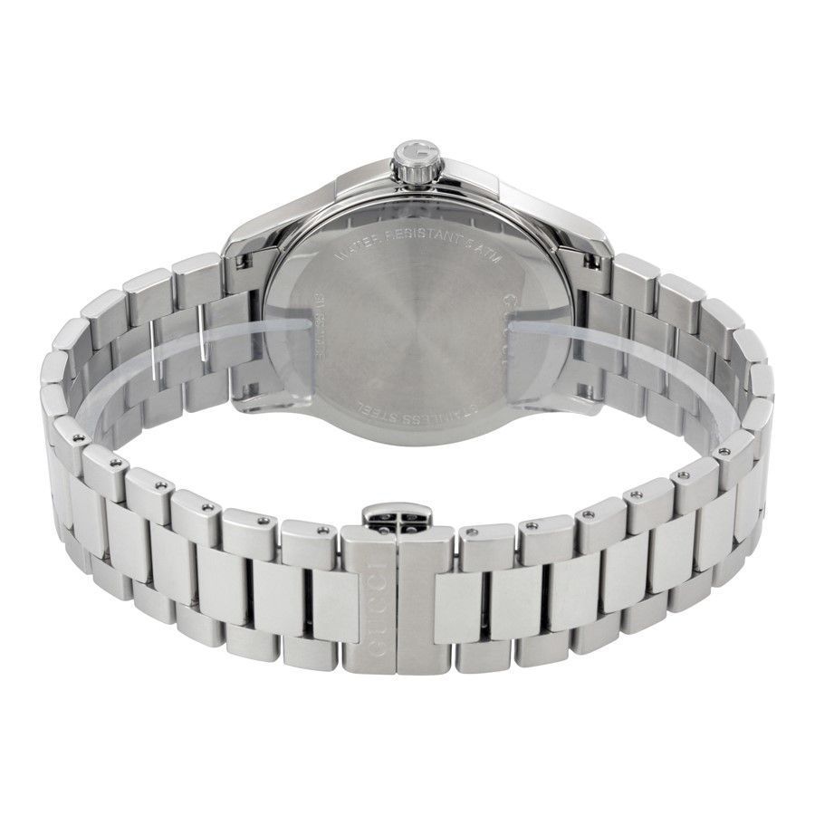 Gucci G-Timeless watch back view with steel case and bracelet