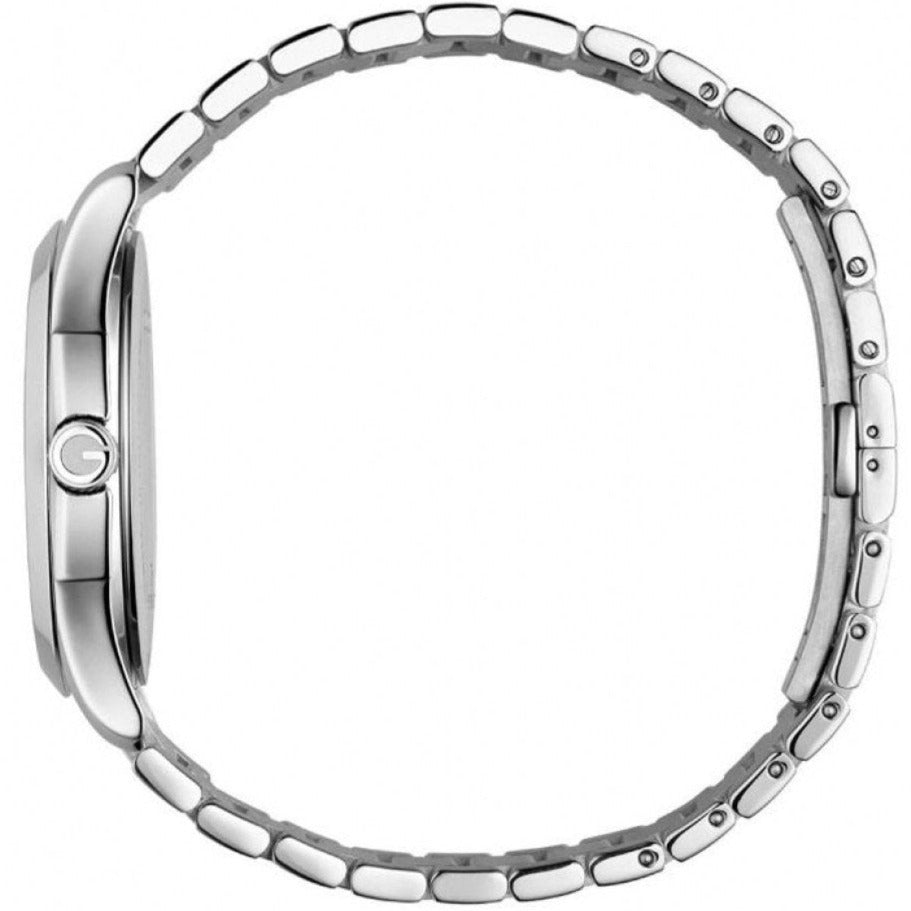 Side view of Gucci G-Timeless watch displaying stainless steel bracelet