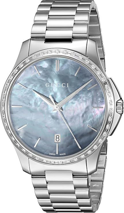 Gucci G-Timeless women's watch with mother of pearl dial and diamond bezel, stainless steel case and bracelet