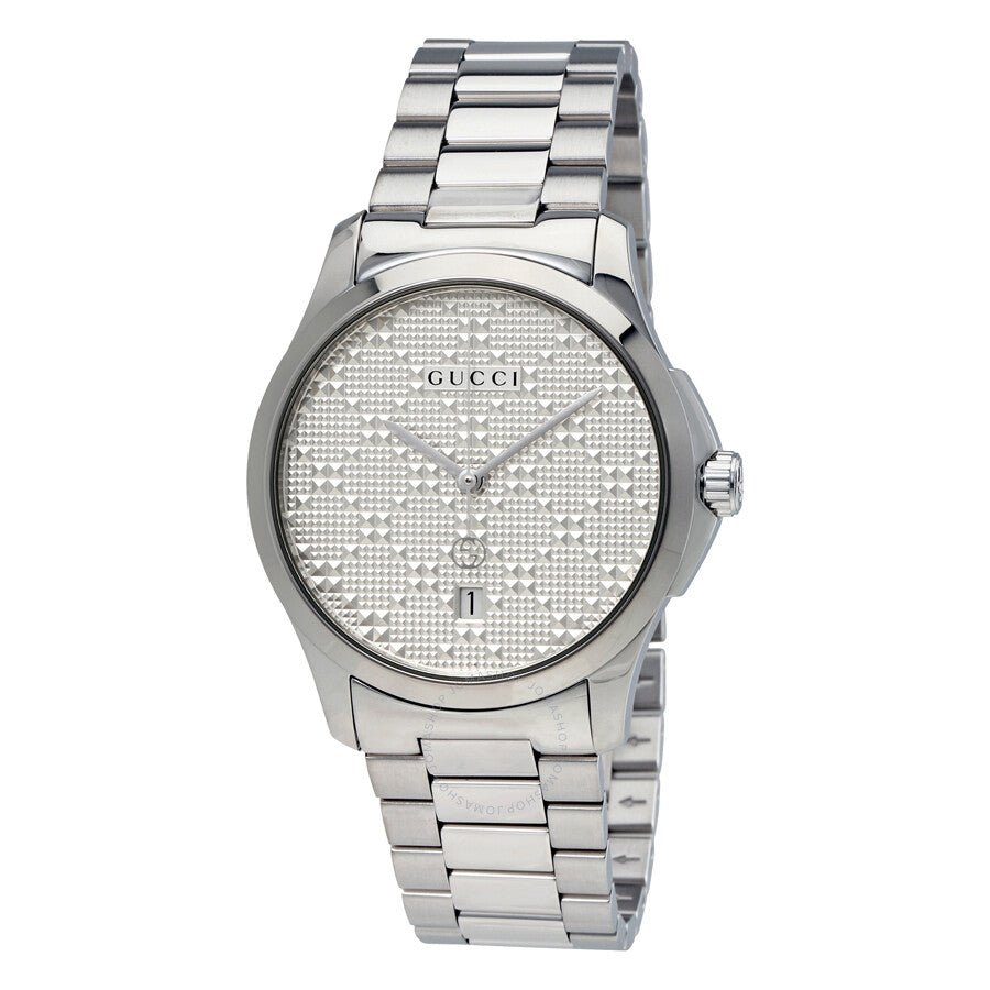 Gucci G-Timeless steel watch at angle showing silver diamante dial and steel strap