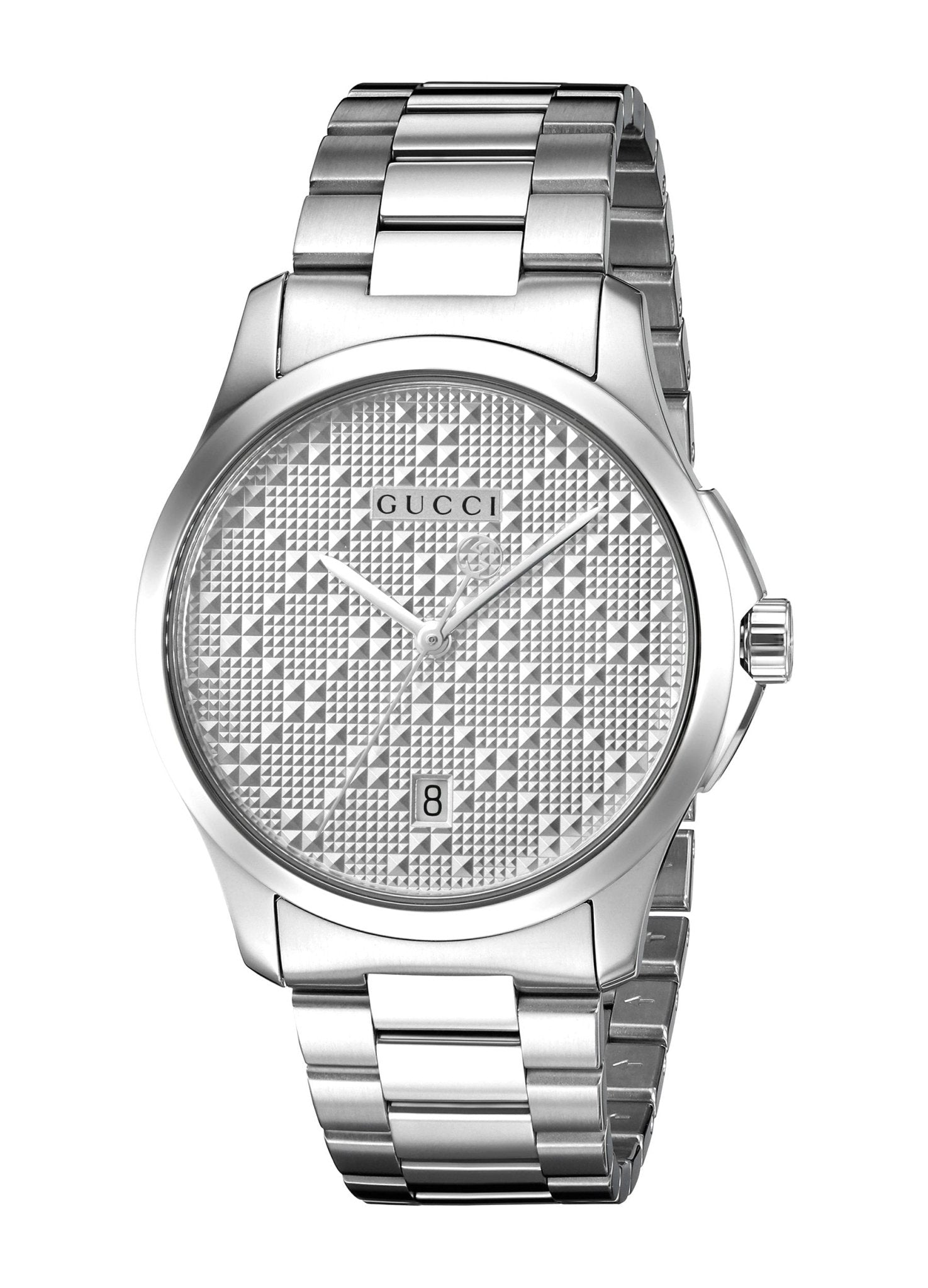 Gucci G-Timeless silver steel watch with diamante patterned dial and steel bracelet
