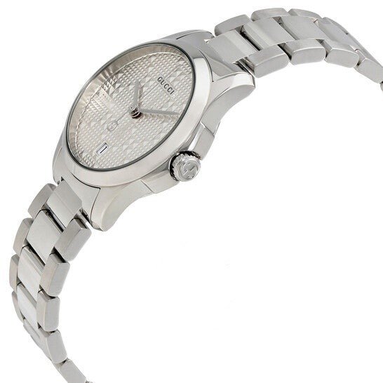 Side profile of Gucci G-Timeless silver steel watch with diamante dial
