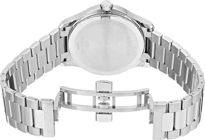 Gucci G-Timeless watch caseback showing stainless steel bracelet and clasp