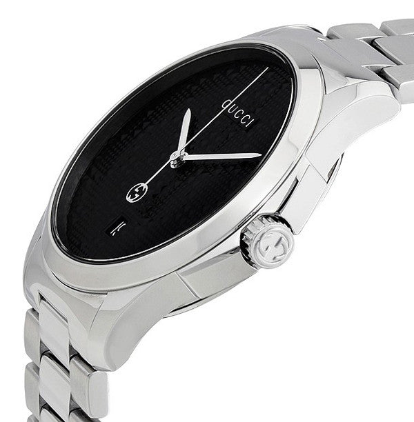 Gucci G-Timeless watch side profile with black dial and steel bracelet